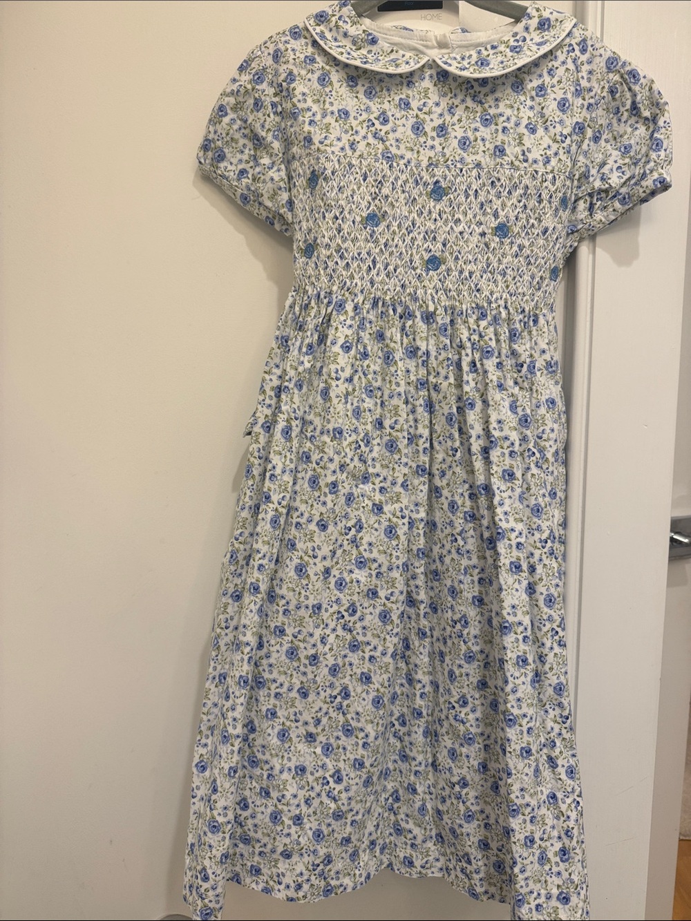 Girls Blue Floral Smocked Dress with Peter Pan Collar